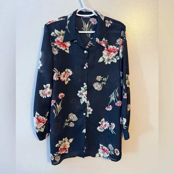 Vintage Womens Floral Iridescent Pearl Button Up Tunic Top Black Red White Sheer - Picture 1 of 5